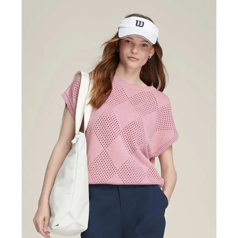 Wilson Golf Sweater Vest Women Large Pink Argyle Pointelle Retro Vintage Preppy - Picture 2 of 12